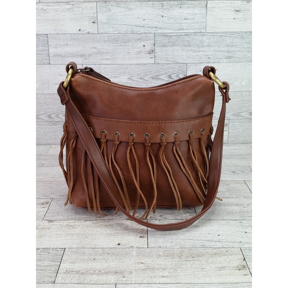 Vintage Fringe Embellished Hand Bag Purse Faux Leather Brown Y2K Satchel